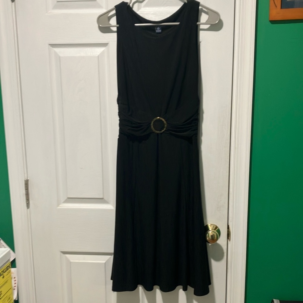 Elegant Black Sleeveless Dress chaps small stretchy belted swingy
